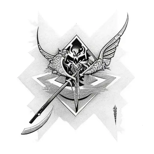 An Intricate Tattoo Design Combining Elements Of Metallica's Logo With A Trout Fishing Scene