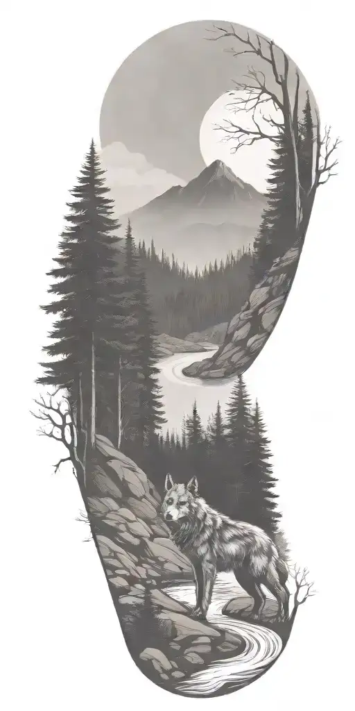 A River Winding Through A Forest Leading To Mountains With Wolf