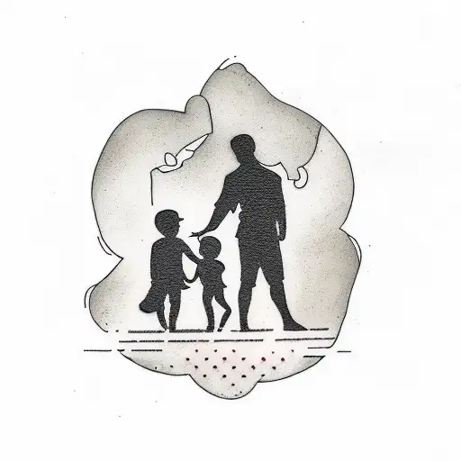 A Minimalist Design Featuring A Silhouette Of A Father And Two Sons Holding Hands