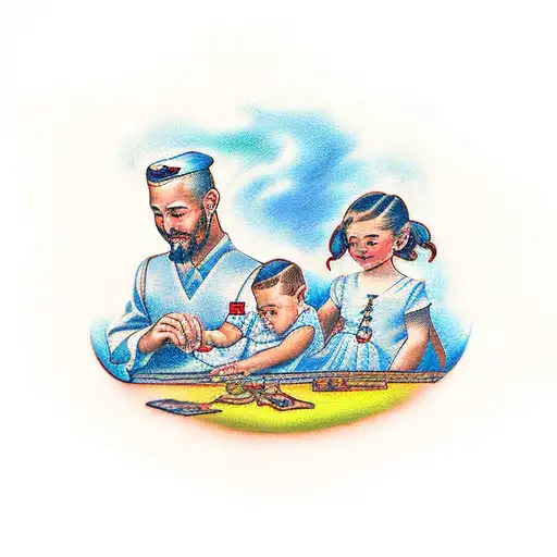 A Traditional Style Tattoo Of A Heartwarming Scene Of A Father And His Children Painting Together