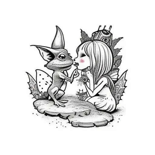A Fairy And A Goblin Kissing Over A Toadstool