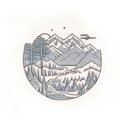 Forest With River And Mountains