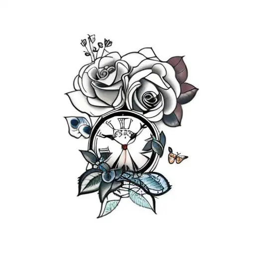 A Clock With Roses And Butterflies And Forget Me Not Flowers