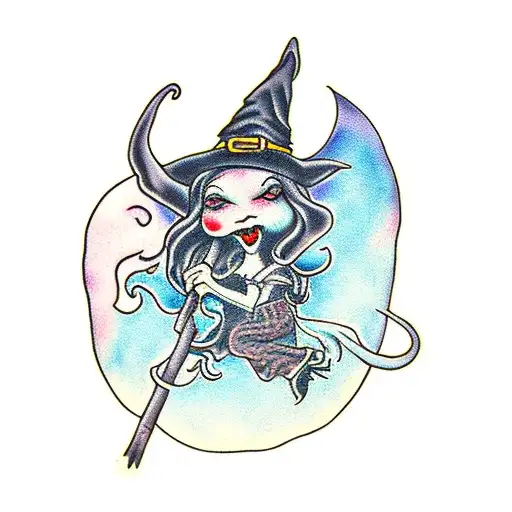 Witch On A Broom With A Moon