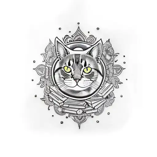 A Traditional Tattoo Of A Cat Lounging On A Pile Of Books With A Mandala Pattern In The Background