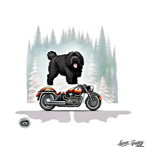 A Realistic Portrait Of A Newfoundland Dog Riding A Motorcycle Through A Forest