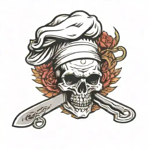 A Traditional Style Tattoo Of A Misfits Skull With A Chef's Knife And Fork Crossed Behind It