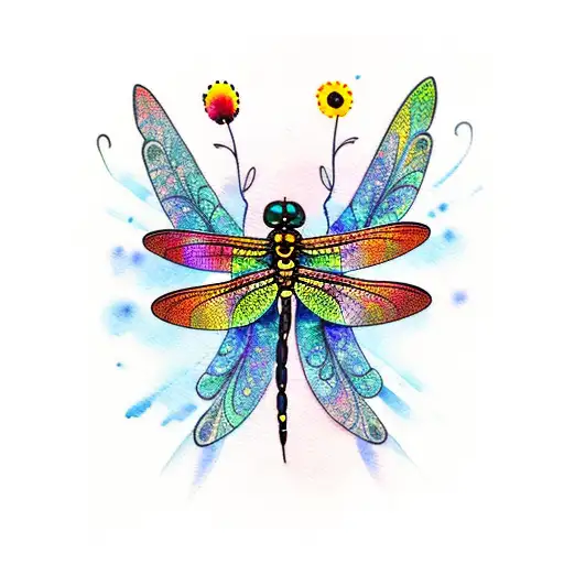 Watercolor Dragonfly With Intricate Black Striped Wings Surrounded By Colorful Flowers
