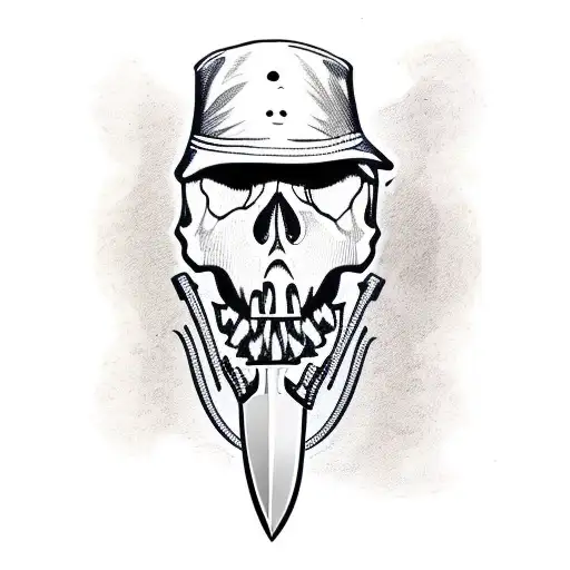 Skull With Bucket Hat And Knife In Mouth