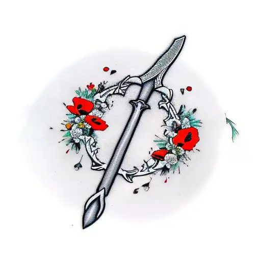 Executioner Sword Pointing Down With Poppy Flowers