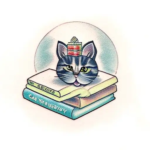 A Minimalist Tattoo Of A Cat Sitting On A Pile Of Books In A Cozy Library