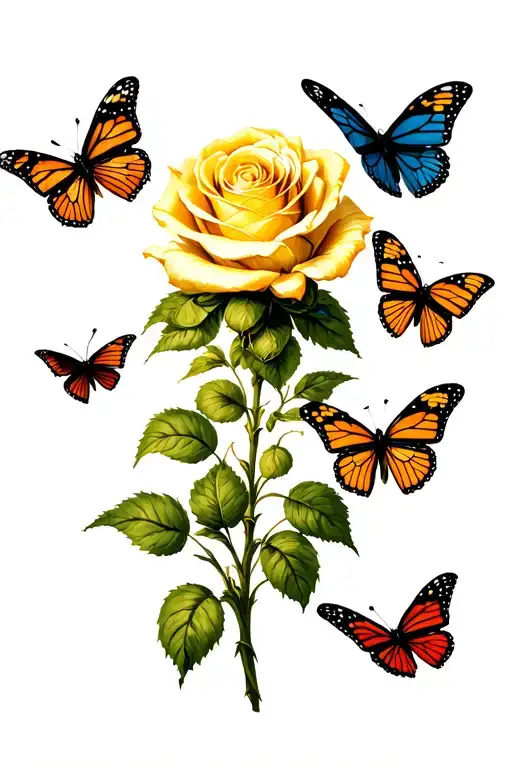 Yellow Rose With 6 Butterflies Flying