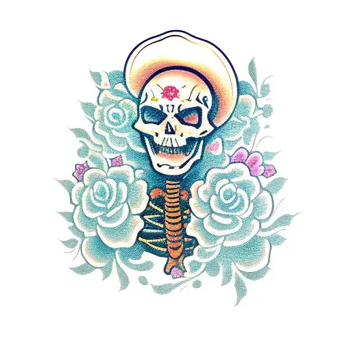A Skeleton Cowboy Laughing Surrounded By Flowers In A Traditional Mexican Fashion