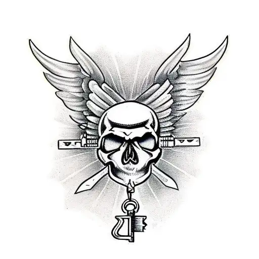 Skull With Wings With A Key Of Life And A Heart