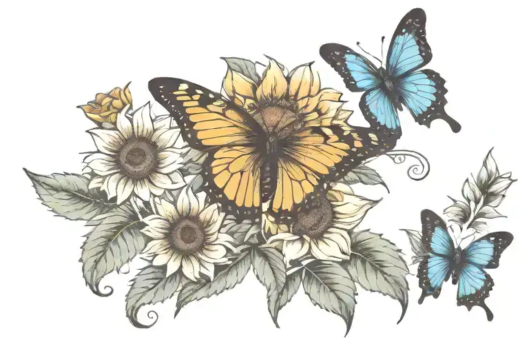 Sunflower And Butterfly For Back Of Neck Tattoo Design Inspired With Color