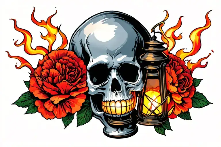 Skull Lantern Flames Carnations On Chest