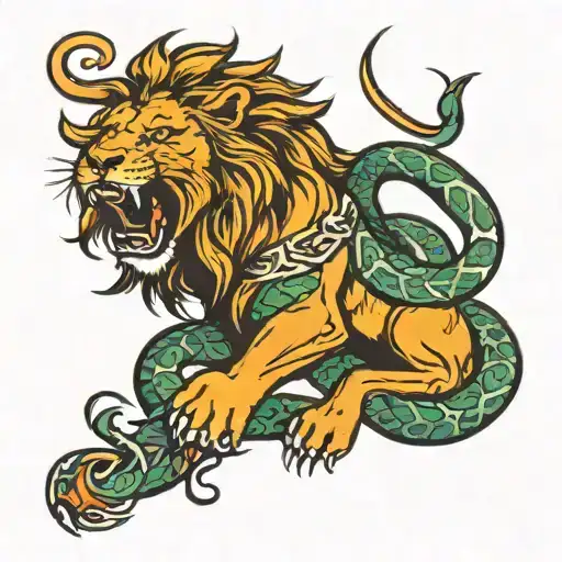 Lion Fighting A Snake Wrapped