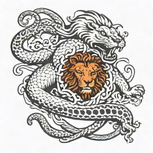 Black And White Lion Fighting A Snake Coiled From Birds Eye View