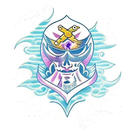 Symbolic Warrior With Ocean Background With Amethyst Undertone Symbol