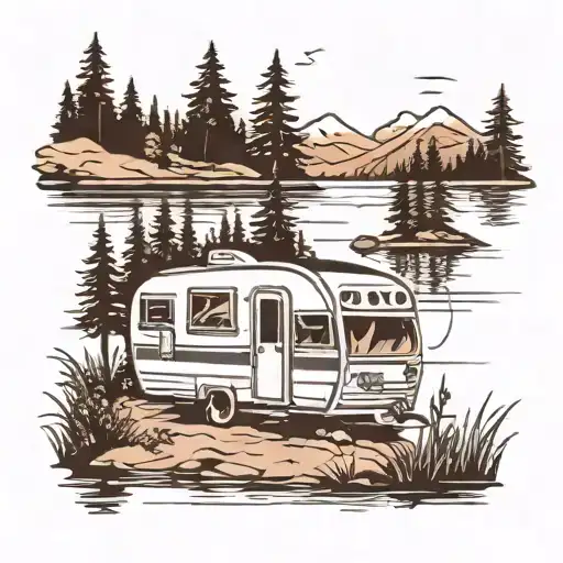 Camper By Lake Black And White