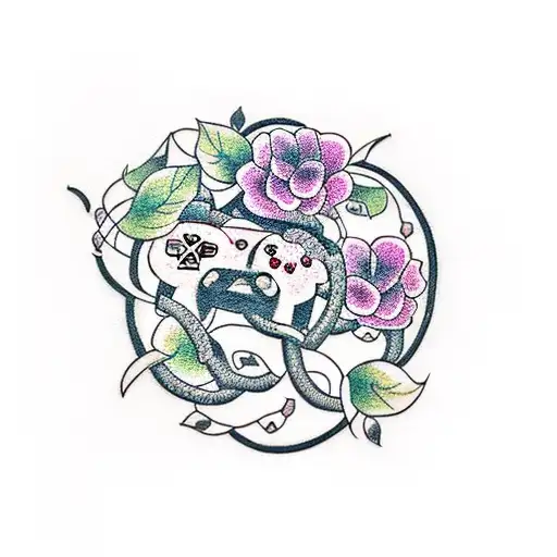 A Dotwork Tattoo Of A Gaming Controller Intertwined With Vines And Flowers