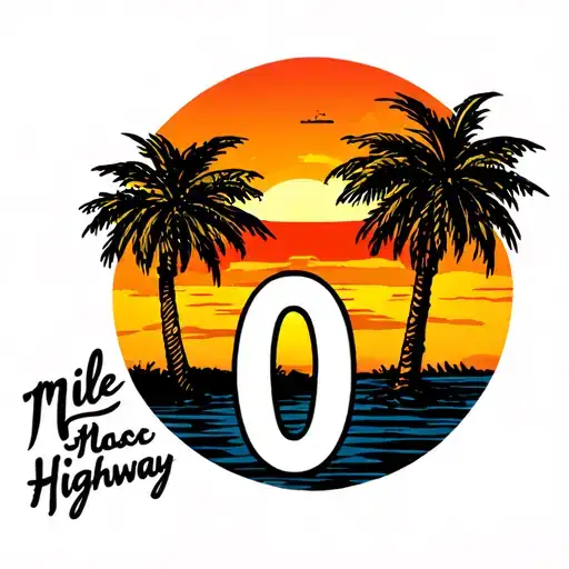 Mile 0 Highway Sign With Palm Trees Surrounding And Sunset