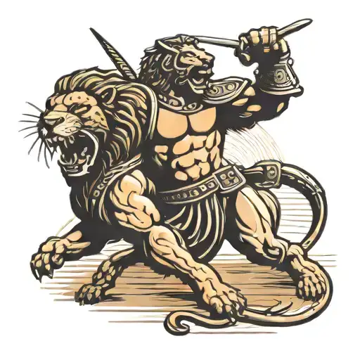 Gladiator Fighting Lion In Colosseum