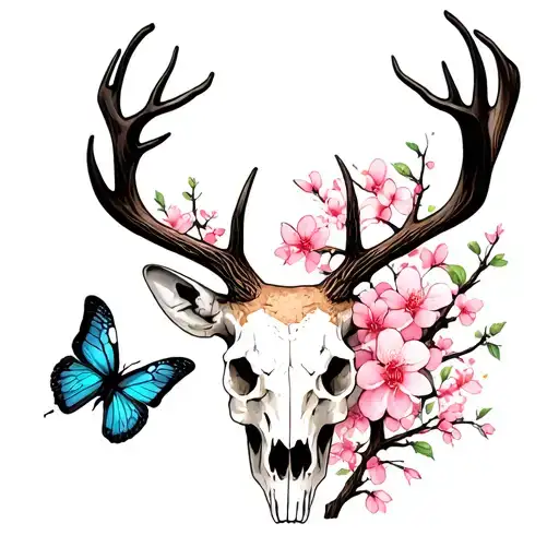 Cherry Blossom Tree Deer Skull Butterflies