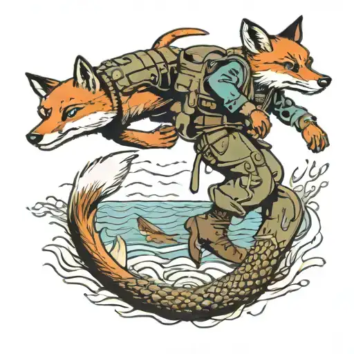 A Soldier Diving Into The Ocean With A Scuba Tank On His Back And A Fox Swimming Alongside Him