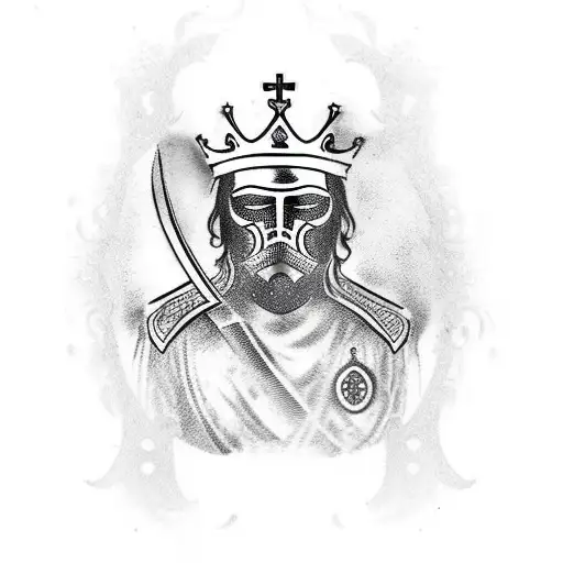 A King With A Metal Mask On Standing With A Sword With A Cross On His Chest
