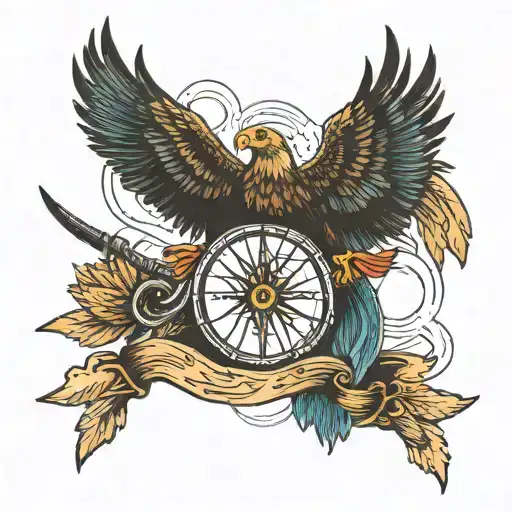 Eagle Spread Wings Holding Arrows Above Sailing Ship