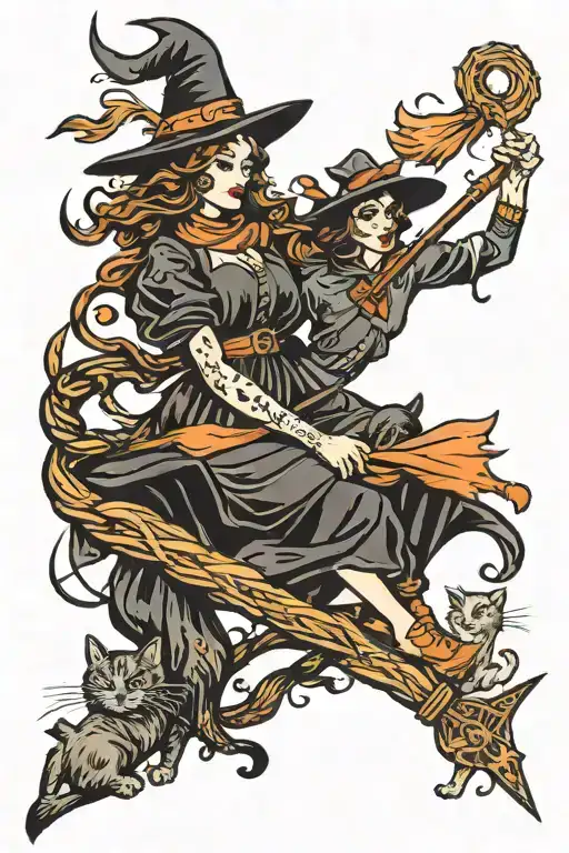 Witch And Cat Sitting Atop Broom Stick Flying Together
