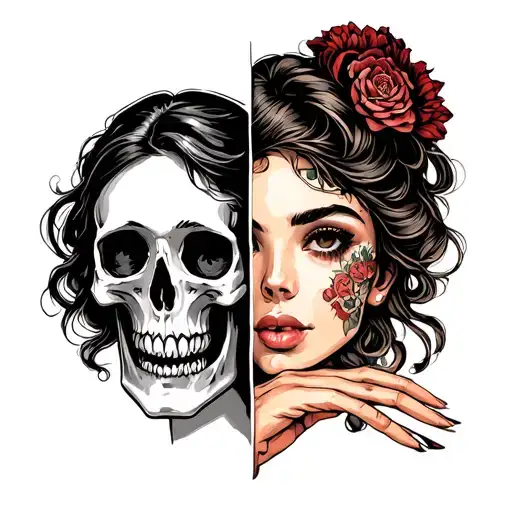 Half Skull Half Women's Face With Her Hand Touching The Side Of The Skull Face