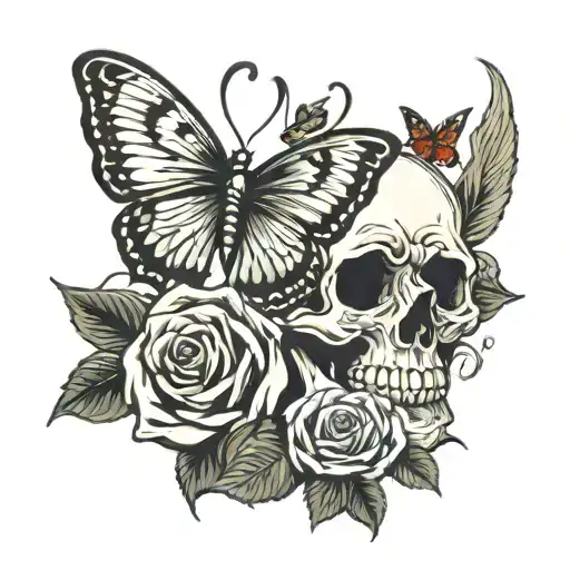 Skull Rose And Butterfly Wings Flying