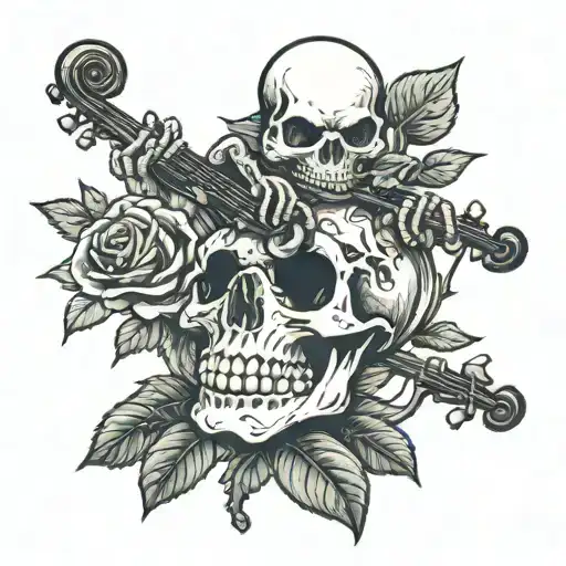 A Skull With Black Roses Growing Out Of It And A Frog Playing The Fiddle Sitting On Top