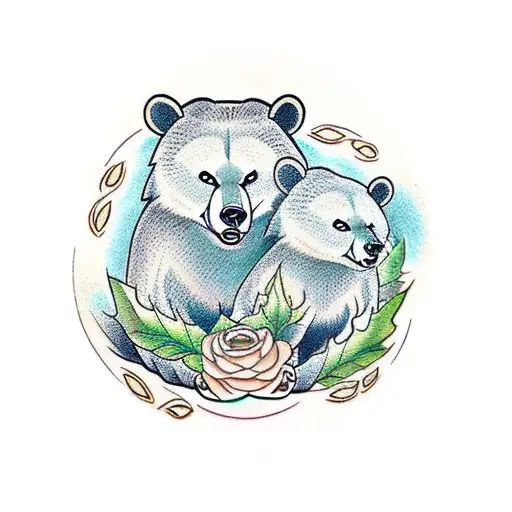 Mother Bear And Cub In A Leaf Circle Noses Touching