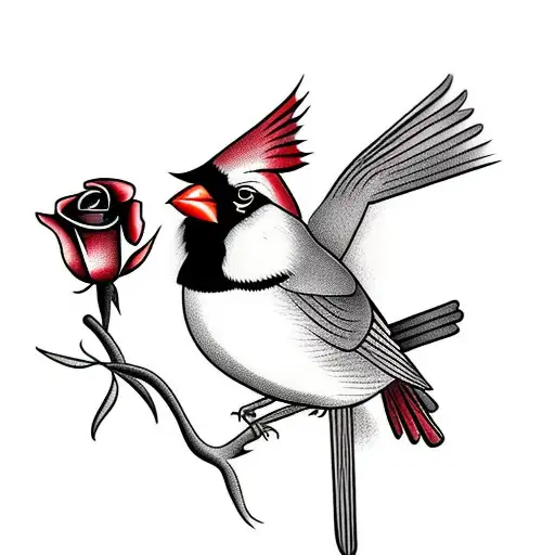 Male Cardinal Bird Holding A Rose