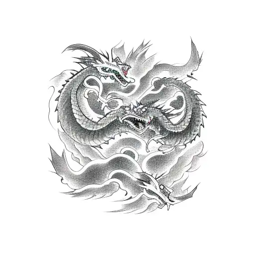 Two Black And White Japanese Dragons Entwined Around Each Other