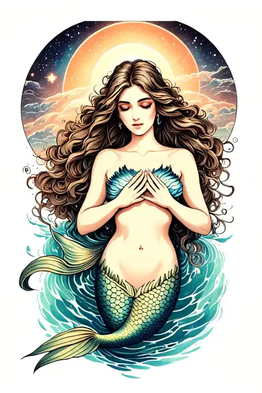 Sexy Mermaid Opening Her Chest Revealing The Universe With Her Hands And A Long Tail With Water