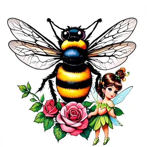 Tattoo With A Cute Bumblebee And Little Tinkerbell With Roses And Looks Gothic