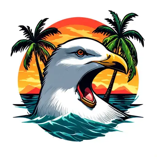 Head Back Screaming Seagull Head With Palm Trees Colors Sunset