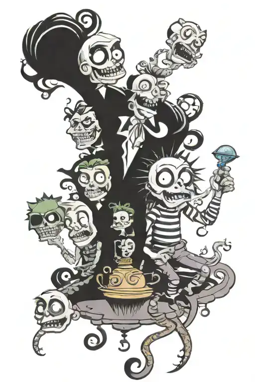 Tattoo Sleeve With Cartoon Characters By Tim Burton