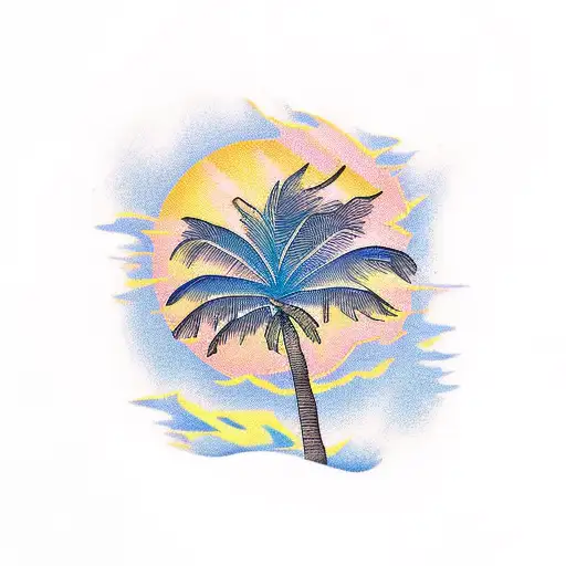 Beach With Palm Tree Waves Sun Rise