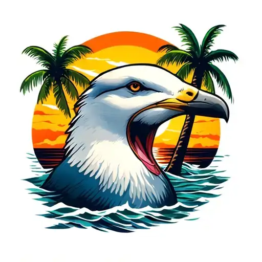 Loud Seagull Head With Palm Trees Colors Sunset
