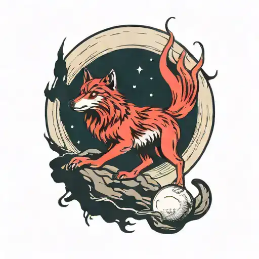 Wolf And Cardinal With A Full Moon In The Background