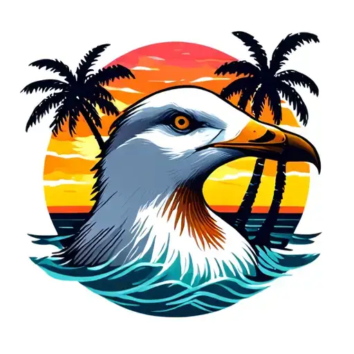 Loud Seagull Head With Palm Trees Colors Sunset