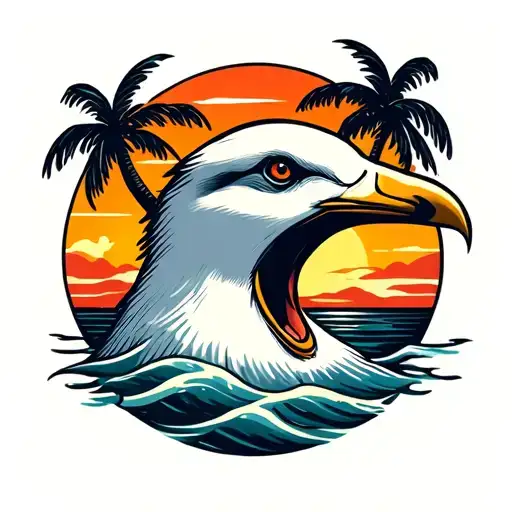 Head Back Screaming Seagull Head With Palm Trees Colors Sunset No Water