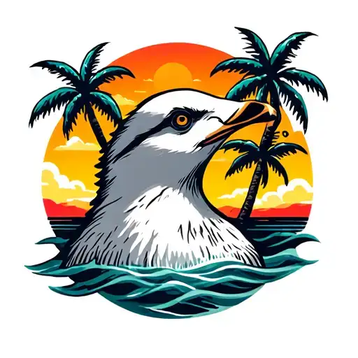 Loud Seagull Head With Palm Trees Colors Sunset