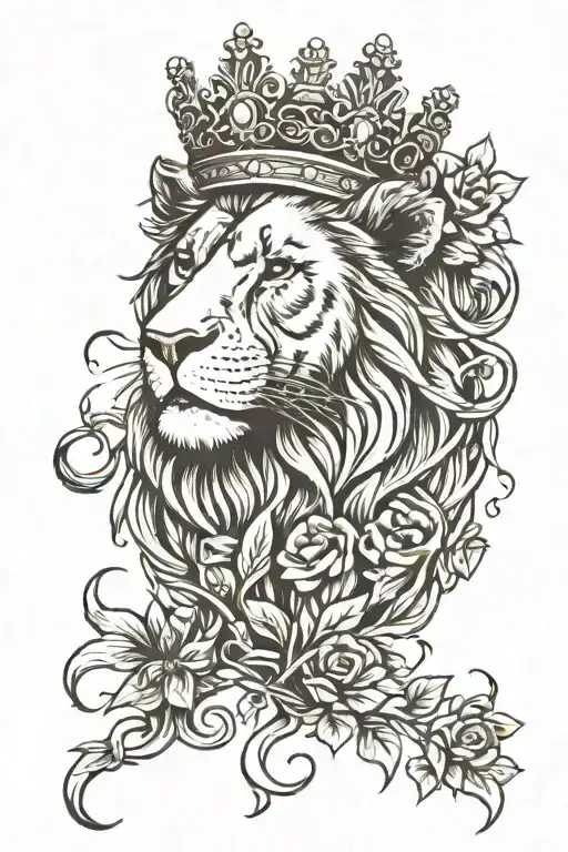 Lion Wearing A Crown Tangled In Rose Vines Wrapped