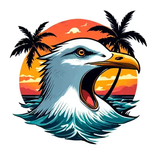 Head Back Screaming Seagull Head With Palm Trees Colors Sunset